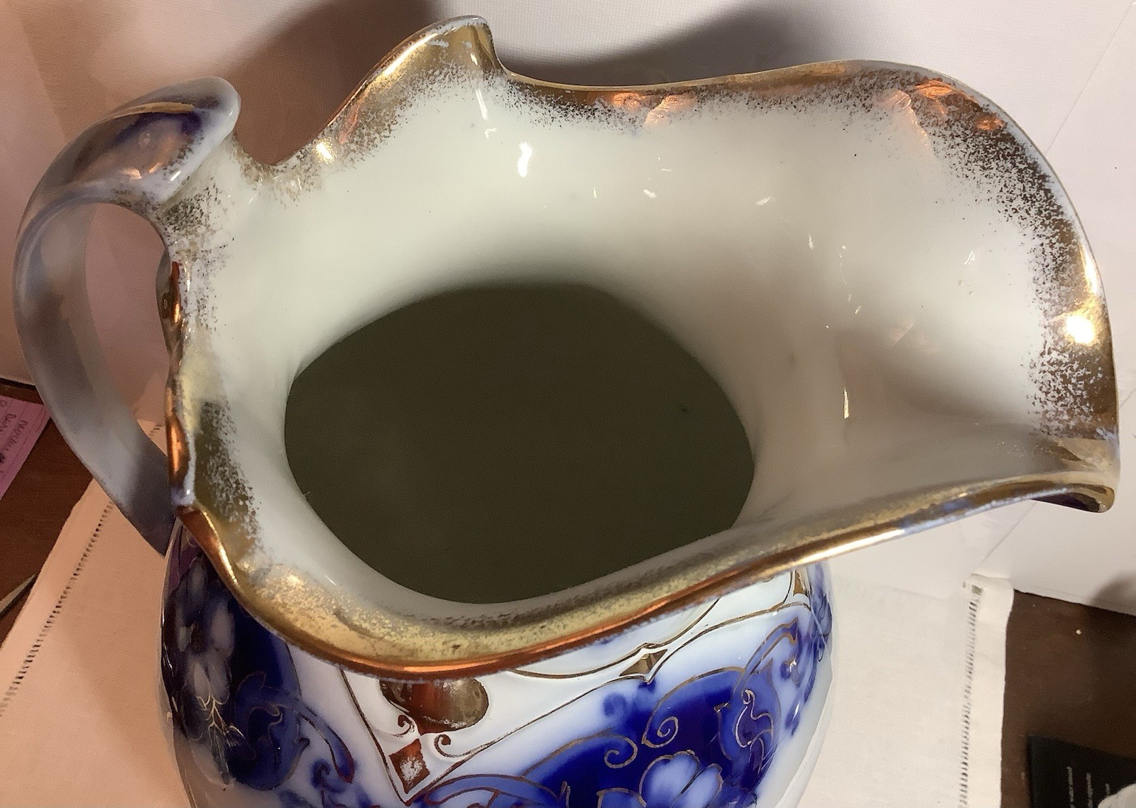 MT1044 Myott Son & Co Large Semi Porcelain English Blue Flow Pitcher W/Gold Trim