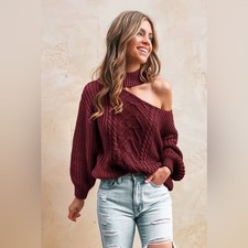 Cupshe Medium Burgundy Cable Knit Cutout One Shoulder Sweater NWT