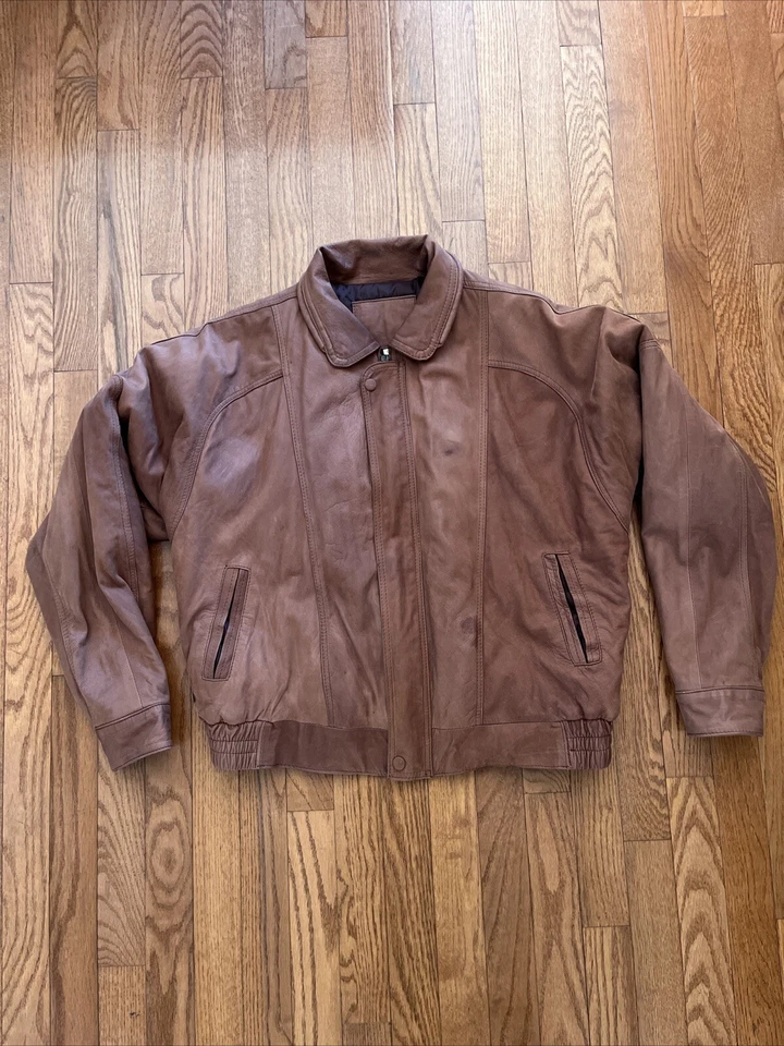 Chaqueta Bomber Cuero Marrón Mediana M Años 80’s De Gran Tamaño