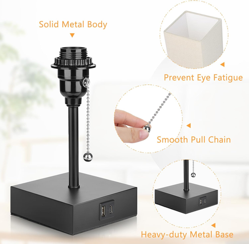 Bedside Table Lamp, Pull Chain Table Lamp with USB C+A Charging Ports, 2700K LED - Picture 9 of 12