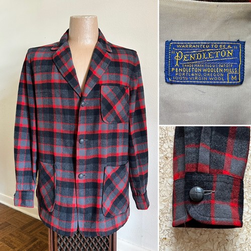 50s 60s Pendleton Topster Jacket Red Black Plaid Wool Field Sports sz Medium Vtg