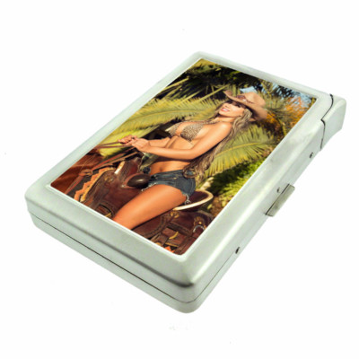 Pin Up Cowgirls D4 Cigarette Case with Built in Lighter Metal Wallet 