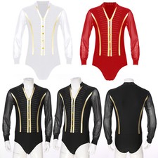 Men's Mesh Long Sleeve Bodysuit Ballroom Salsa Samba Latin Dance Leotard Costume