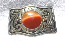 Gold Engraved Western Buckle Yellow Orange Cloudy Stone Center Great Vintage
