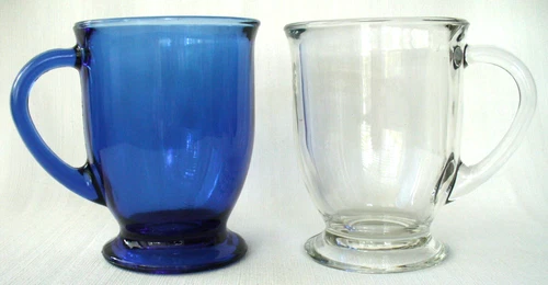 2~ANCHOR HOCKING~Cobalt Blue&Clear~FOOTED~Glass~16oz~PEDESTAL~5"~Coffee Mugs~EUC