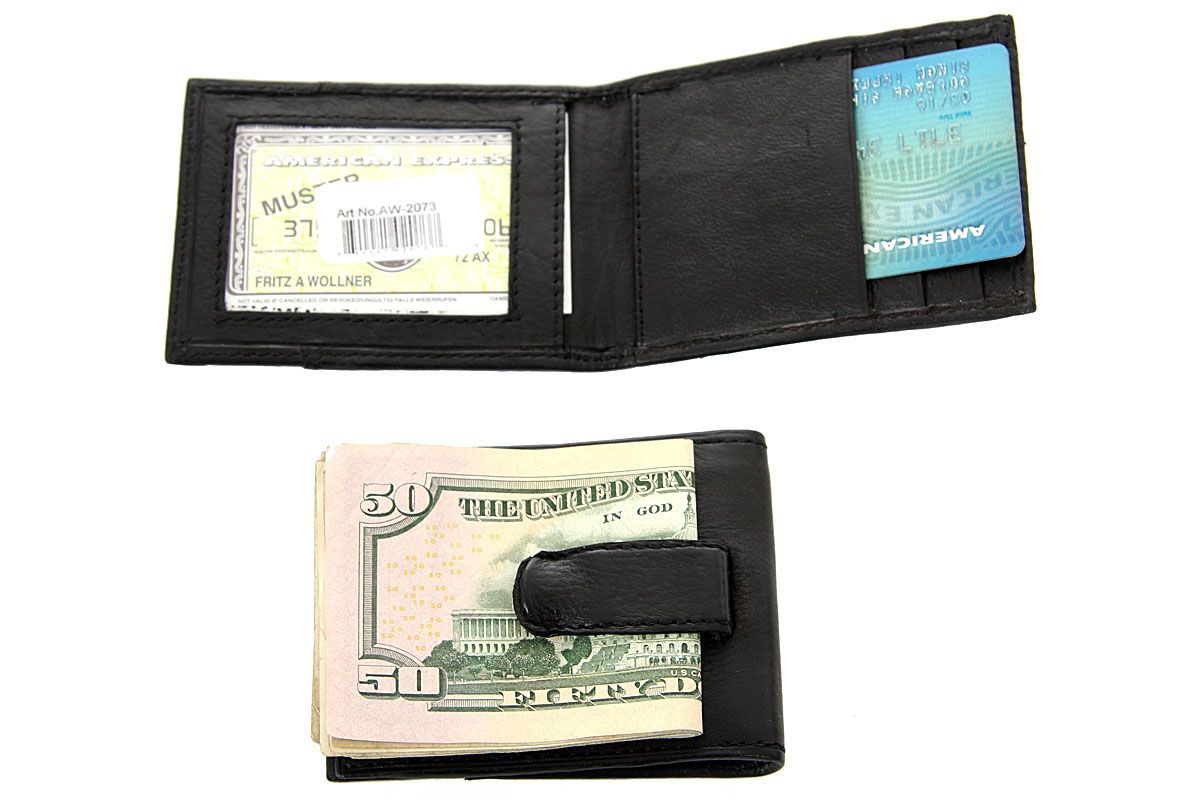 Leather Money Clip Slim Design Credit Card ID Holder Black Men's Wallet-image