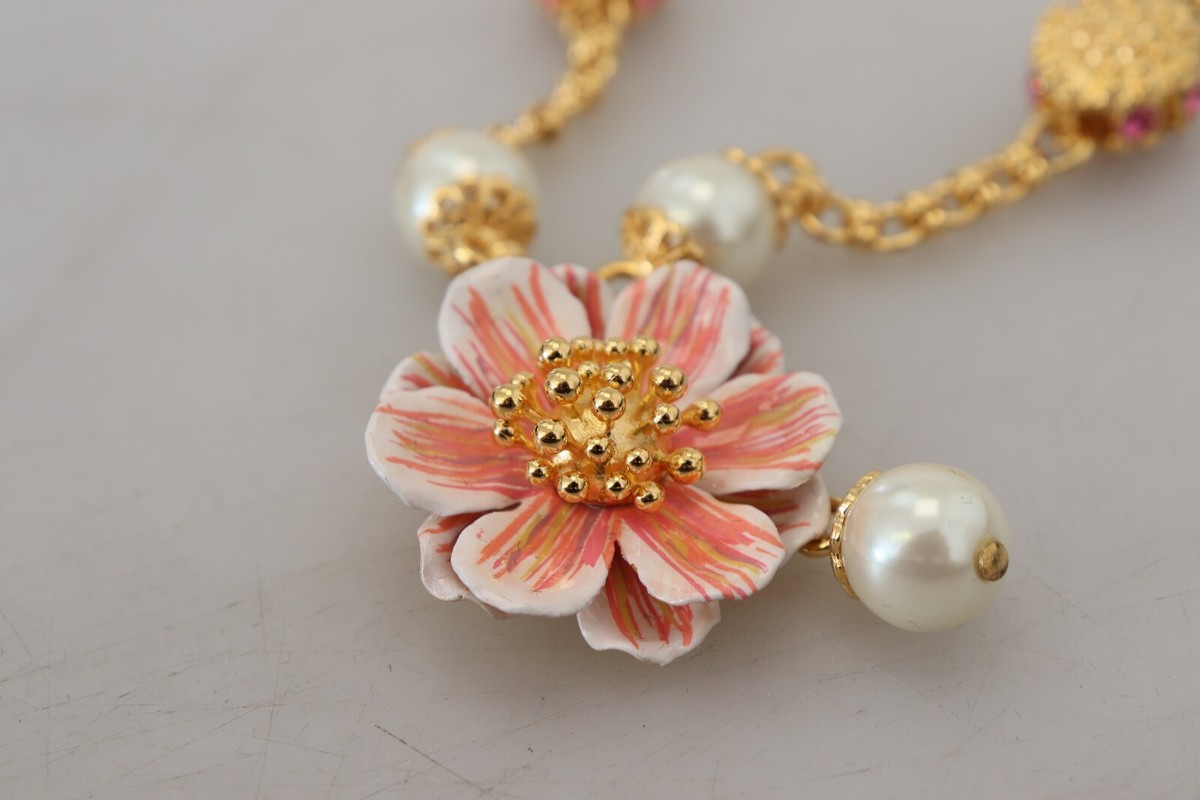 DOLCE & GABBANA Necklace Gold Tone Floral Crystals Pink