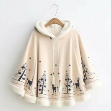 Damen Mädchen Umhang Cape Mantel Poncho Vlies Süß Kapuze Locker Japanisch Kawaii