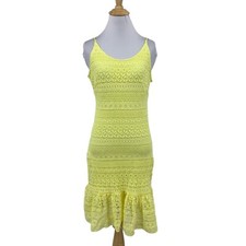 Sara Boo Dress Womens S Small Yellow Crochet Knit Bodycon Sleeveless Flounce Hem
