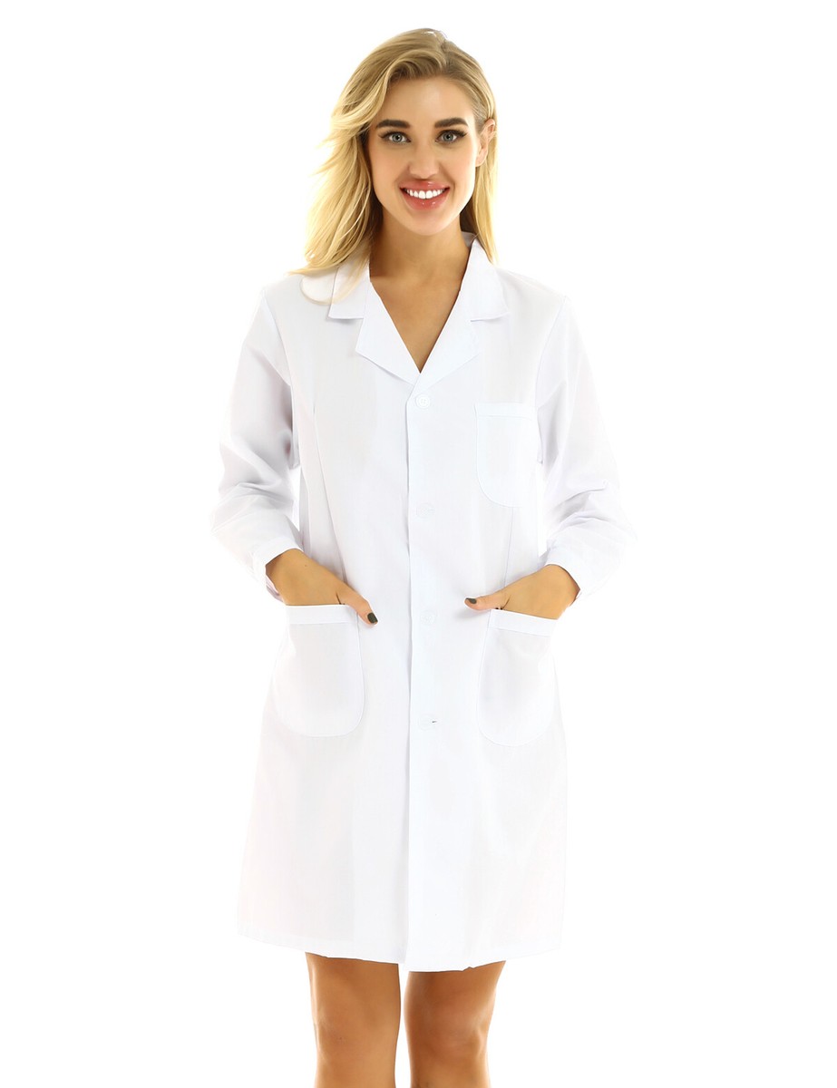 Women Mens White Long Sleeve Scrubs Lab Coat Medical Nurse Doctor