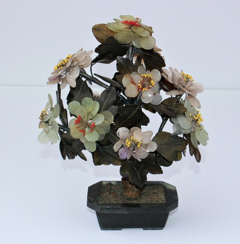 Vtg Chinese Carved Gemstone Flowers / Tree Jade, Carnelian, Rose Quartz 12" - Picture 2 of 11