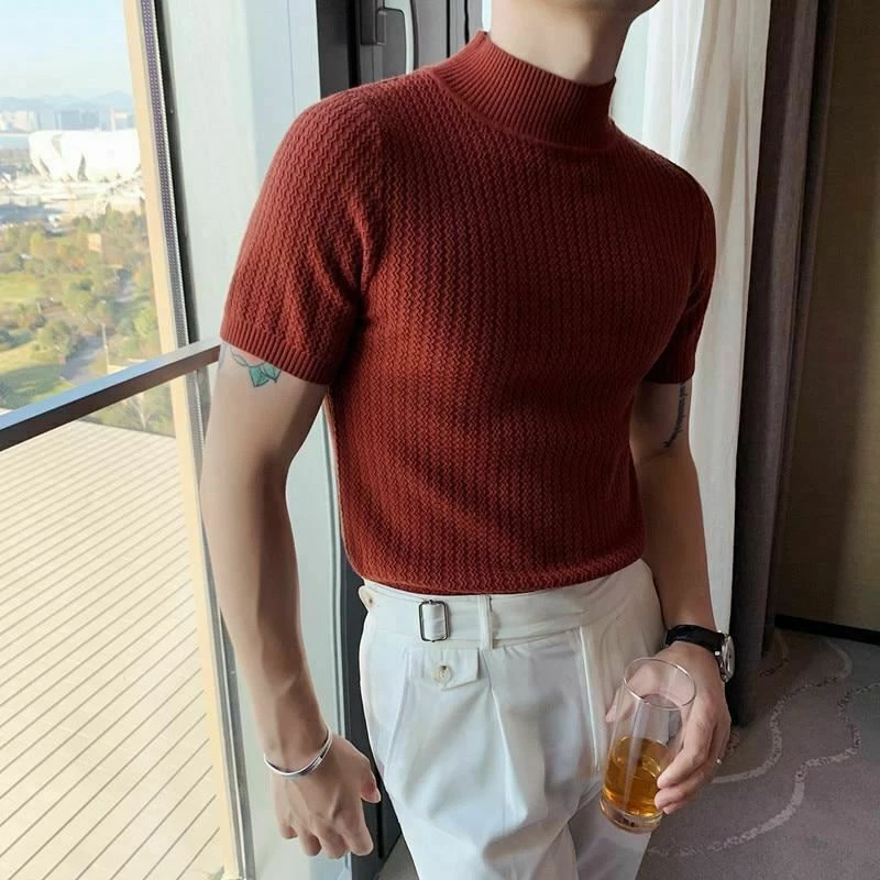 Men s Turtleneck Short Sleeves Pullovers Slim Fit Stretched Casual