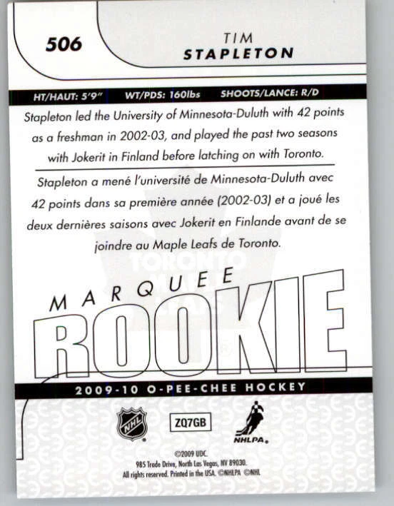 2009-10 O-Pee-Chee Rainbow #506 Tim Stapleton (ref 161313) - Image 2 of 2