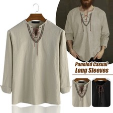 Fashion Mens Shirt Renaissance Medieval Long Sleeve Lace Up Party Tops Casual
