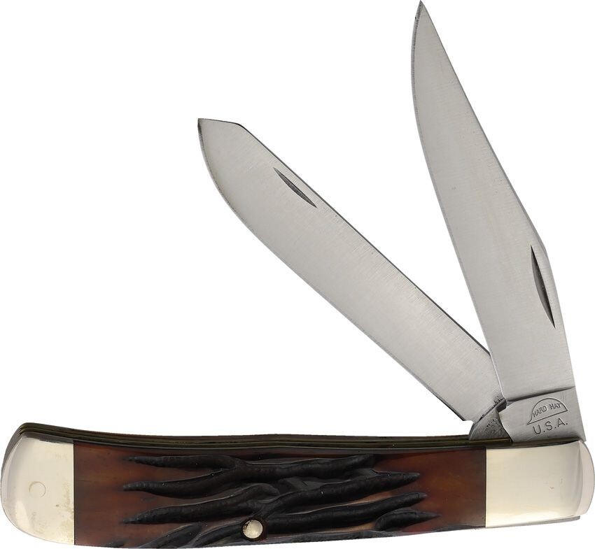 HARD HAT KNIVES BROWN JIGGED BONE HANDLES 529 4 1/4" TRAPPER USA