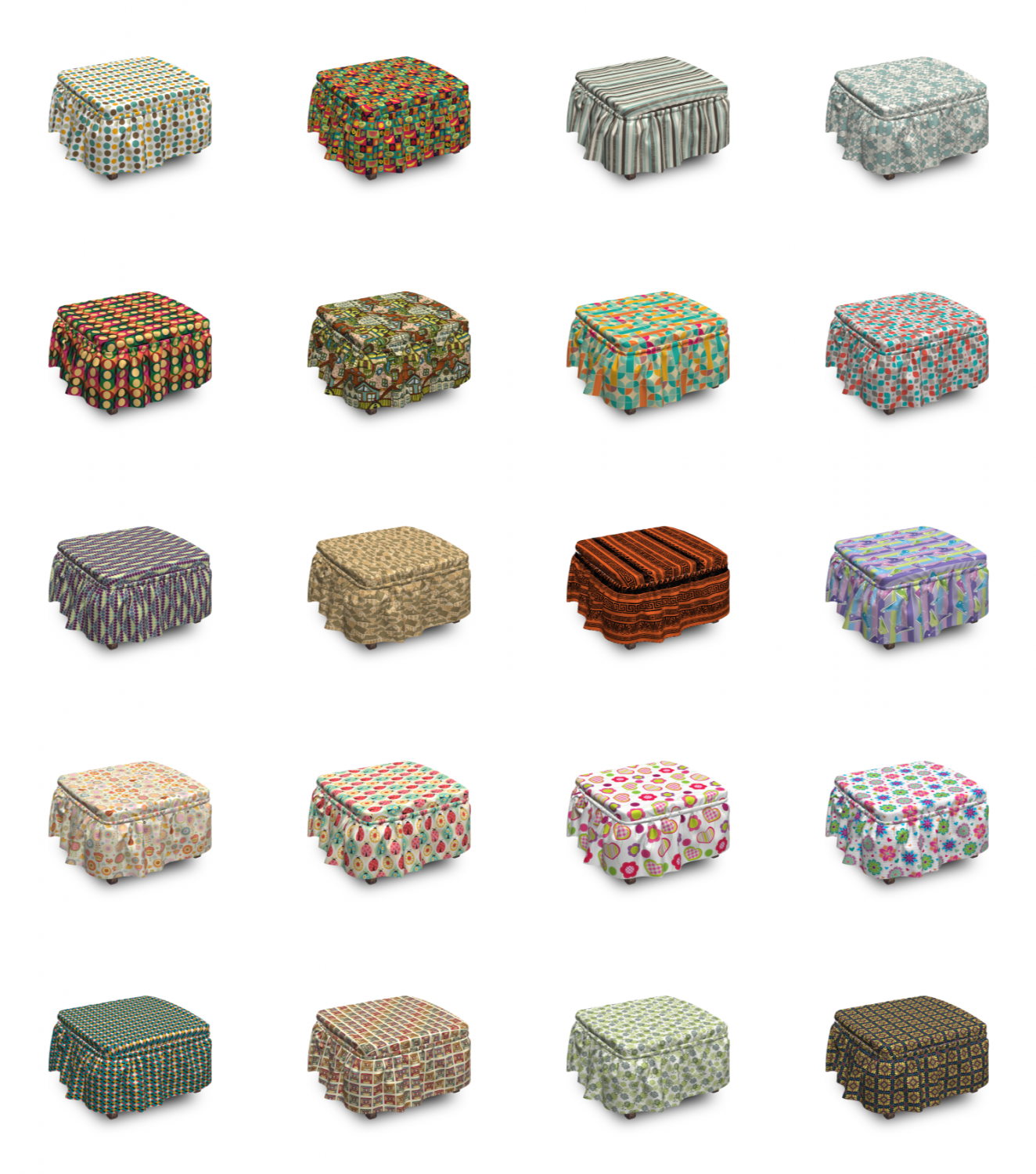 Ambesonne Retro Scenes Ottoman Cover 2 Piece Slipcover Set and Ruffle Skirt