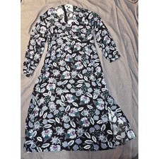 LOFT Dress Women's 10 Black Floral Long Sleeve Midi Puff Shoulder Slit Boho NWT