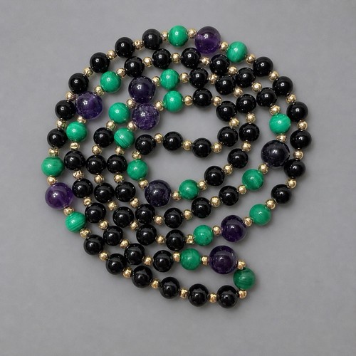 Yellow 80+ Gold Beads Spacer Black Onyx Amethyst Long Bead Necklace 26” 31g