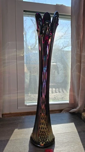 Fenton 6 Finger Amethyst Carnival Glass Diamond Point Ribbed 20” Swung Vase EUC