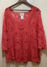 Simply Emma Womens Top 3X Mesh Crochet Lace Overlay 3/4 Sleeves Romantic Whimsy