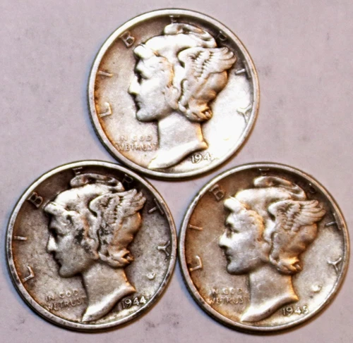 (3) Mercury Dimes - 1943P 1944P 1945P - Very Fine - #0810ED FREE SHIPPING