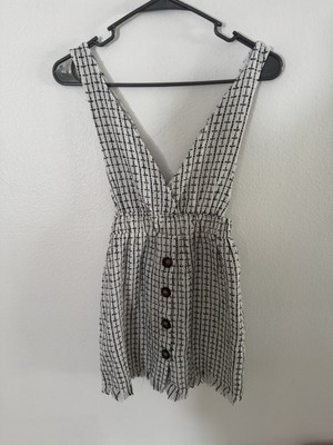 Frille Rose Overall Mini Dress Womens Small Black White Plaid Button Front
