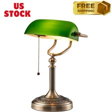 Green Glass Bankers Desk Lamp with Pull Chain Switch Plug in Fixture