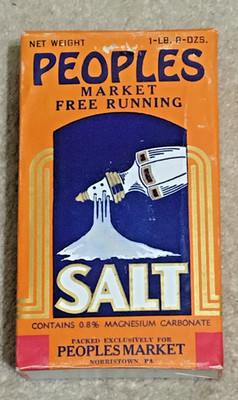 Vntg c1920's Full Cardbrd Box Peoples brand Table Salt, Morristown PA, 1.5 LB