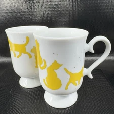 Silhouette Speckled Yellow Cat Footed Pedestal Coffee Mugs Cups Set 2 Ceramic