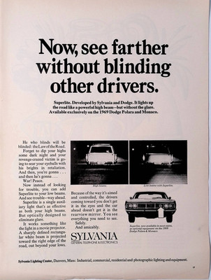 1969 Sylvania and Dodge Superlite Sylvania Lighting Center Print Ad LIFE Jan 10