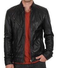 Men's Black Lambskin Leather Cafe Racer Motorcycle Jacket Zip Up Biker Coat