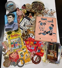 Estate Junk Drawer Lot Elvis Greeting Card Postcards Archie Comic 45 Records vtg