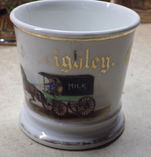 ANTIQUE SHAVING MUG HANDPAINTED MILK ADVERTISING HORSE BUGGY FRANCE