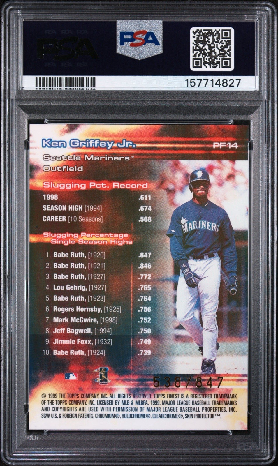 KEN GRIFFEY JR 1999 FINEST PROMINENT FIGURES w/COATING PSA 8 ! *NEW CERT ! #/847 view 2