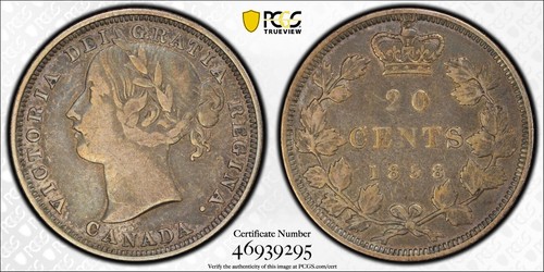 Canada, 1858 Victoria Twenty Cents, 20 Cents. PCGS VF 30. 730,392 Mintage.