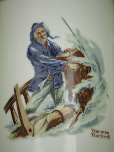 Taza de café Norman Rockwell Braving The Storm 1985 borde dorado barco marinero mar - Imagen 2 de 11