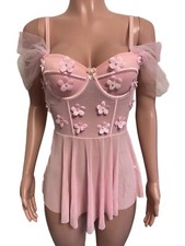 Garden Fairy Pearl Floral Micro Mini Lingerie Dress Stockings Thong Set New Pink