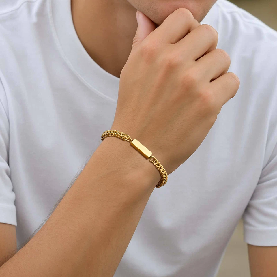 Custom Men's Bracelet Stainless Steel Personalized Name Engraved Father's Day Foto 3 de 4