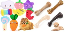 12 Pack Puppy Plush Squeaky Toys and 4 flavored Bone chews for Dogs