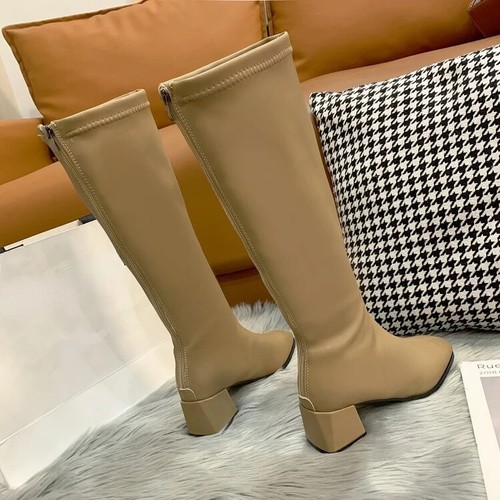 Womens Block High Heels Long Boots Warm Knee High Boots Soft Leather Shoes Size - Picture 10 of 20