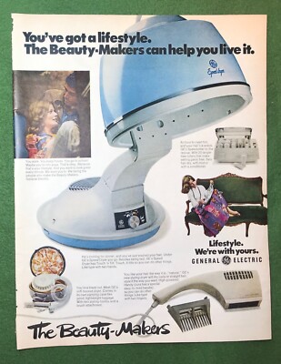 1970s large size magazine ad The BEAUTY MAKERS by General Electric hair care