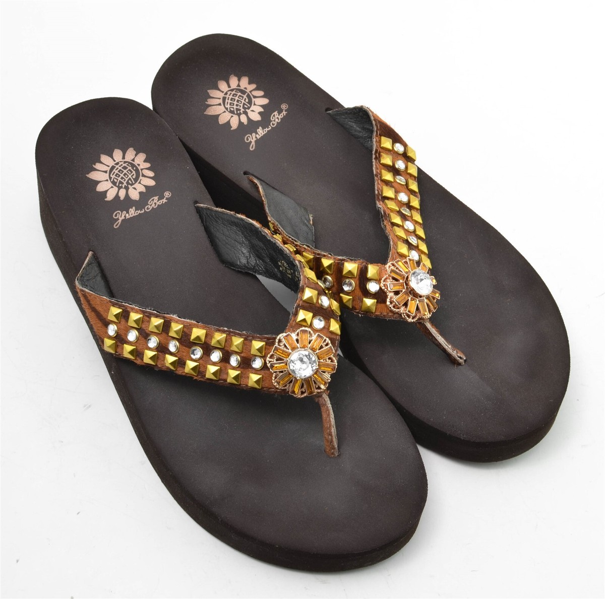 Womens Yellow Box Sandals Size Brown Brass Crystal Flip Flops