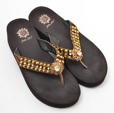 Womens Yellow Box Sandals Size 7.5 Brown Brass Crystal Flip Flops Heels Foam
