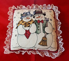 Vintage Christmas Printed Pair of Snowmen Dark Blue Back Throw Pillow 7" x 7"