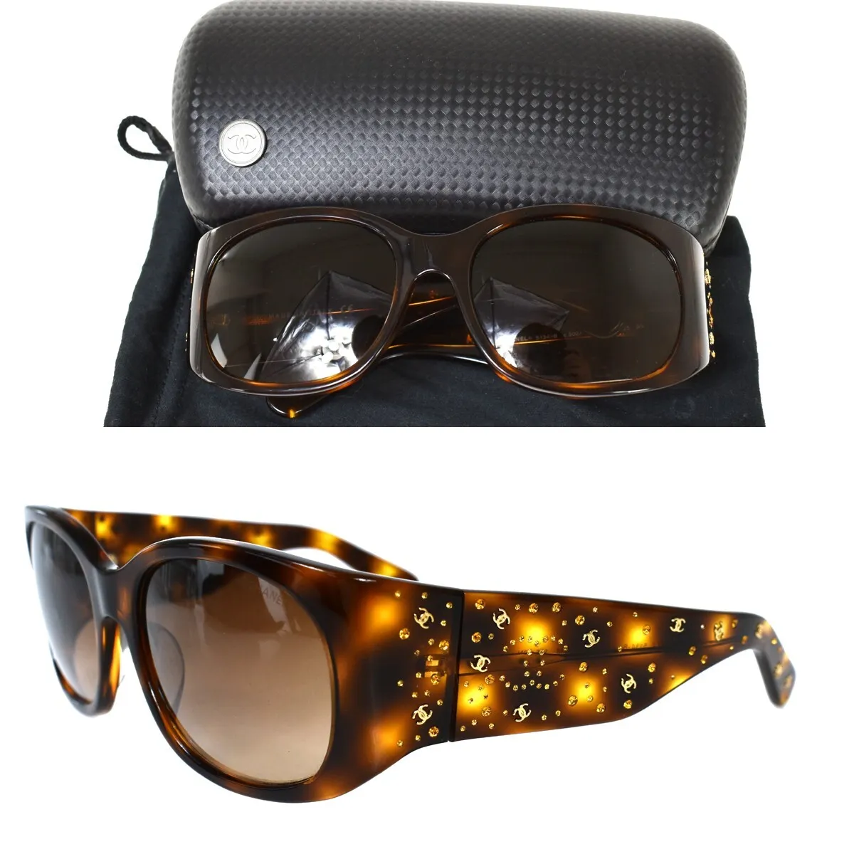 CHANEL CC Rhinestone Sunglasses Eye Wear Plastic Brown 5134-B Italy 04MX561