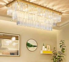 Modern Double Tier Crystal Pendant Light Rectangle flush mount Lamp Chandelier E