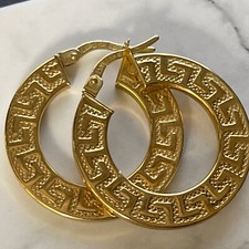 U26112 10k Gold Thick Hoop Earrings Greek Key Detail Designer Signed ZRW G2U