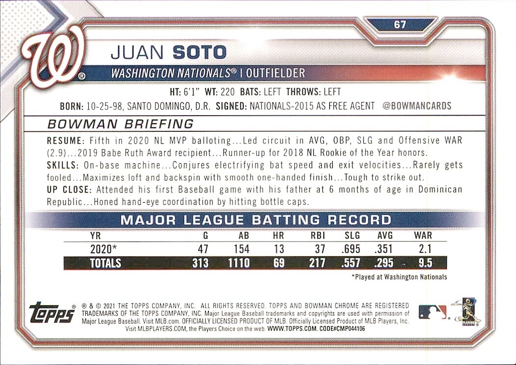 2021 BOWMAN WASHINGTON NATIONALS - JUAN SOTO #67 | eBay