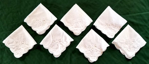 7 Hand Double Sided Embroidery Tea Napkin Handkerchief Set Bows Scallop Linen