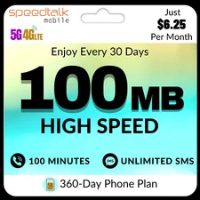 SpeedTalk Mobile $75 Prepaid SIM Card 5G 4G LTE No Contract 360 Days Phone Plan